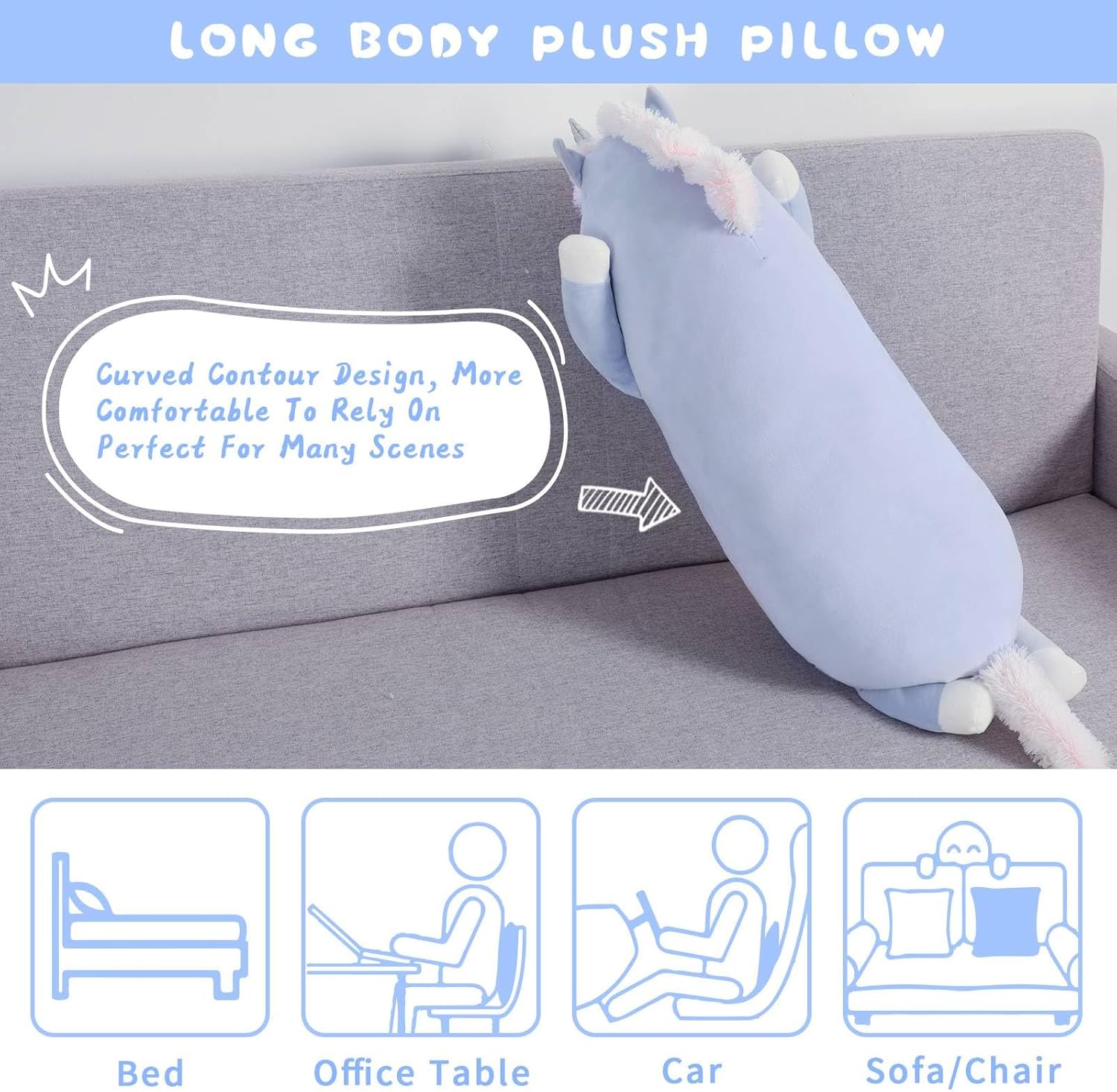 MorisMos Unicorn Body Pillow, 36.2'' Plush Unicorn Stuffed Animal, Super Soft Animal Pillow for Girl Kid, Giant Stuffed Animal Gifts for Christmas Birthday Valentine's Gift,Blue