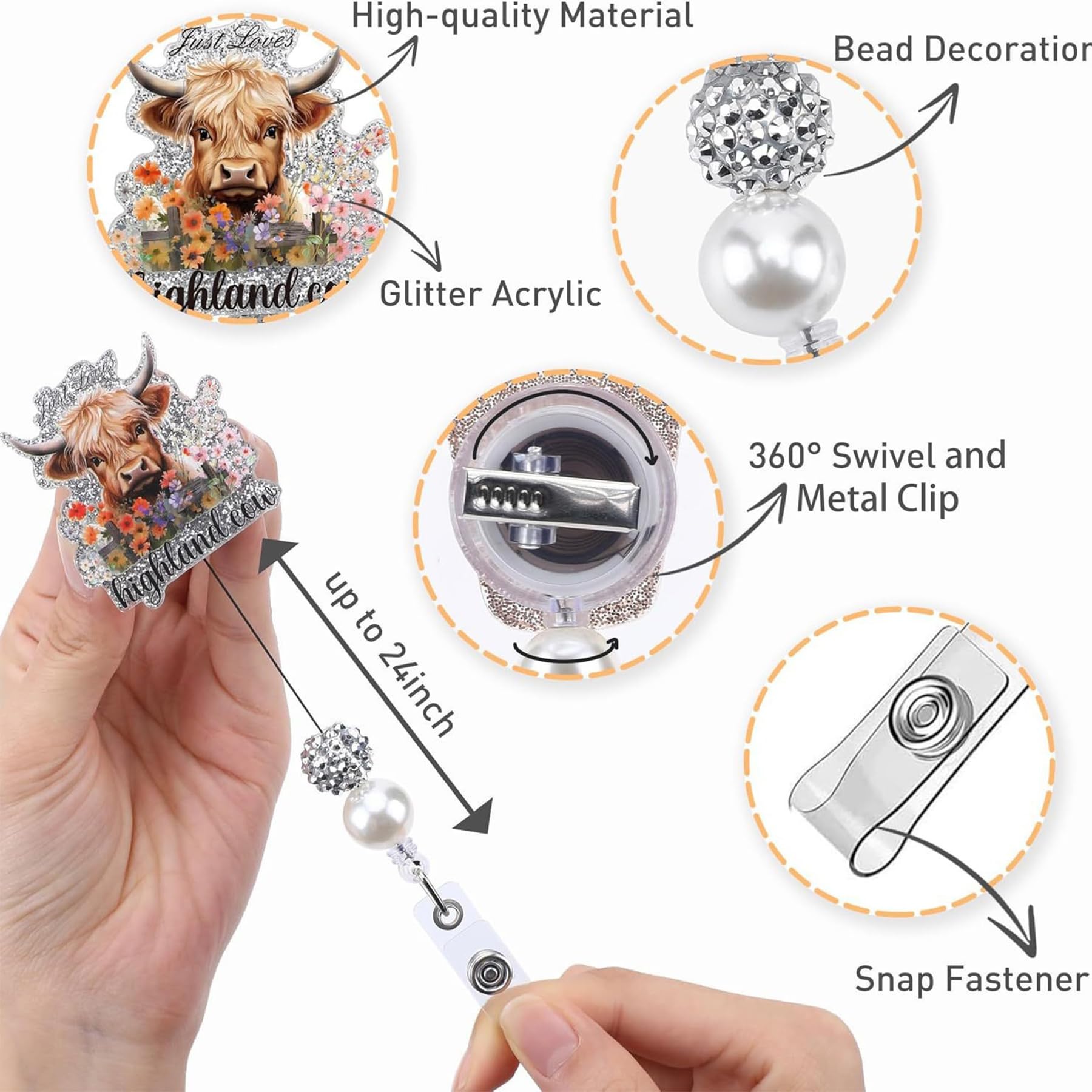Wasise Western Cow Badge Reel, 2Pcs Highland Cow Garland Glitter Design Badge Reel, Nurse and Medical Assistant Accessories - Image 3