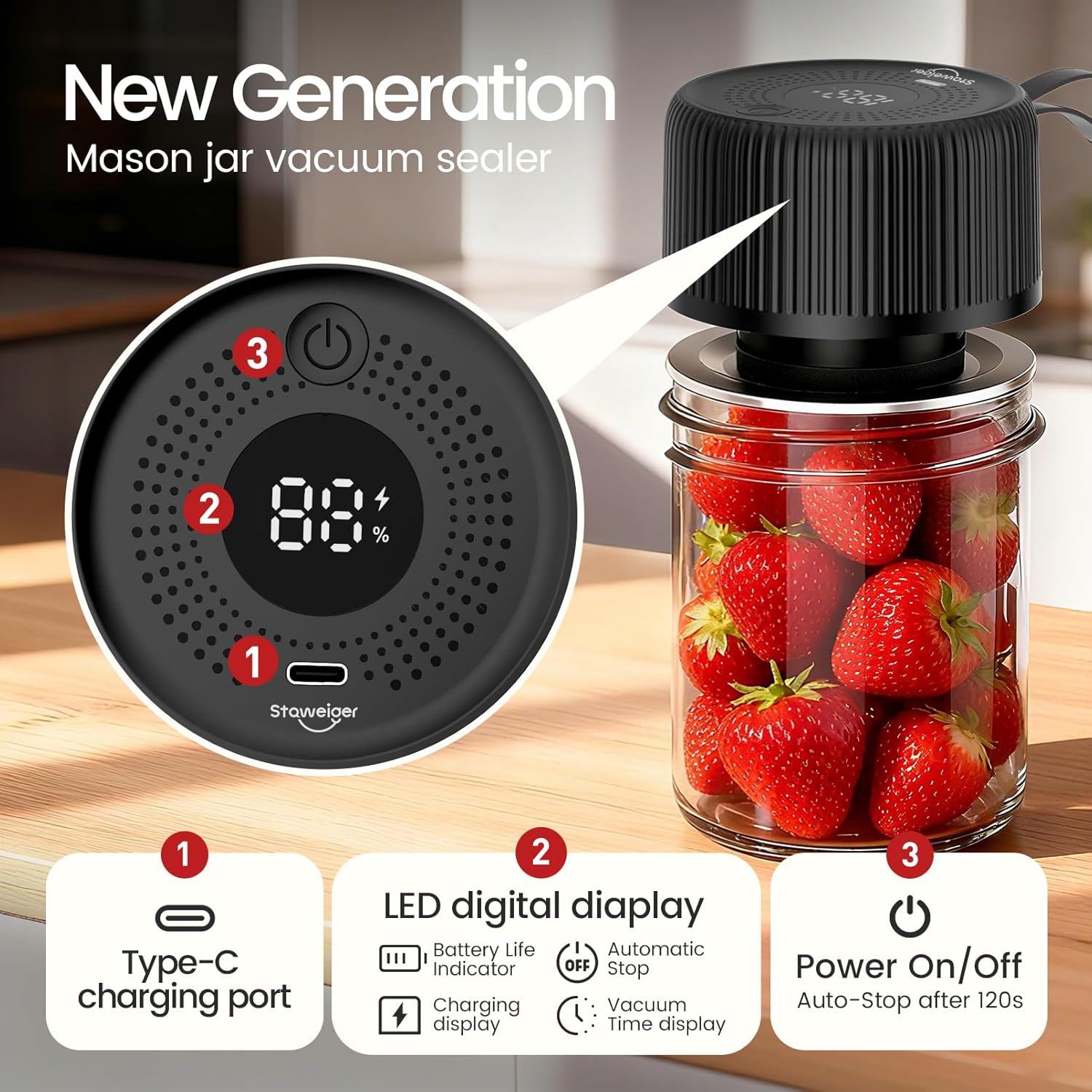 Mason jar vacuum sealer for All Your Food Storage: Wide Mouth Jars, Regular Mouth Jars and Vacuum Bags, Powerful Compact mason genie vacuum sealer kit,Portable Food Sealer Keep Food Fresh Longer