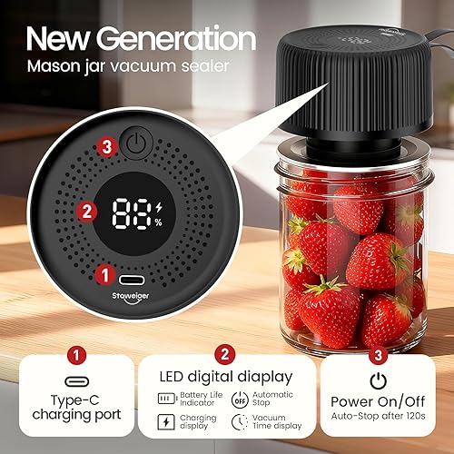 Miniatura 3 de Sellador al vacío de tarros Mason para todo tu almacenamiento de alimentos frascos de boca ancha, frascos de boca regular y bolsas de vacío, potente