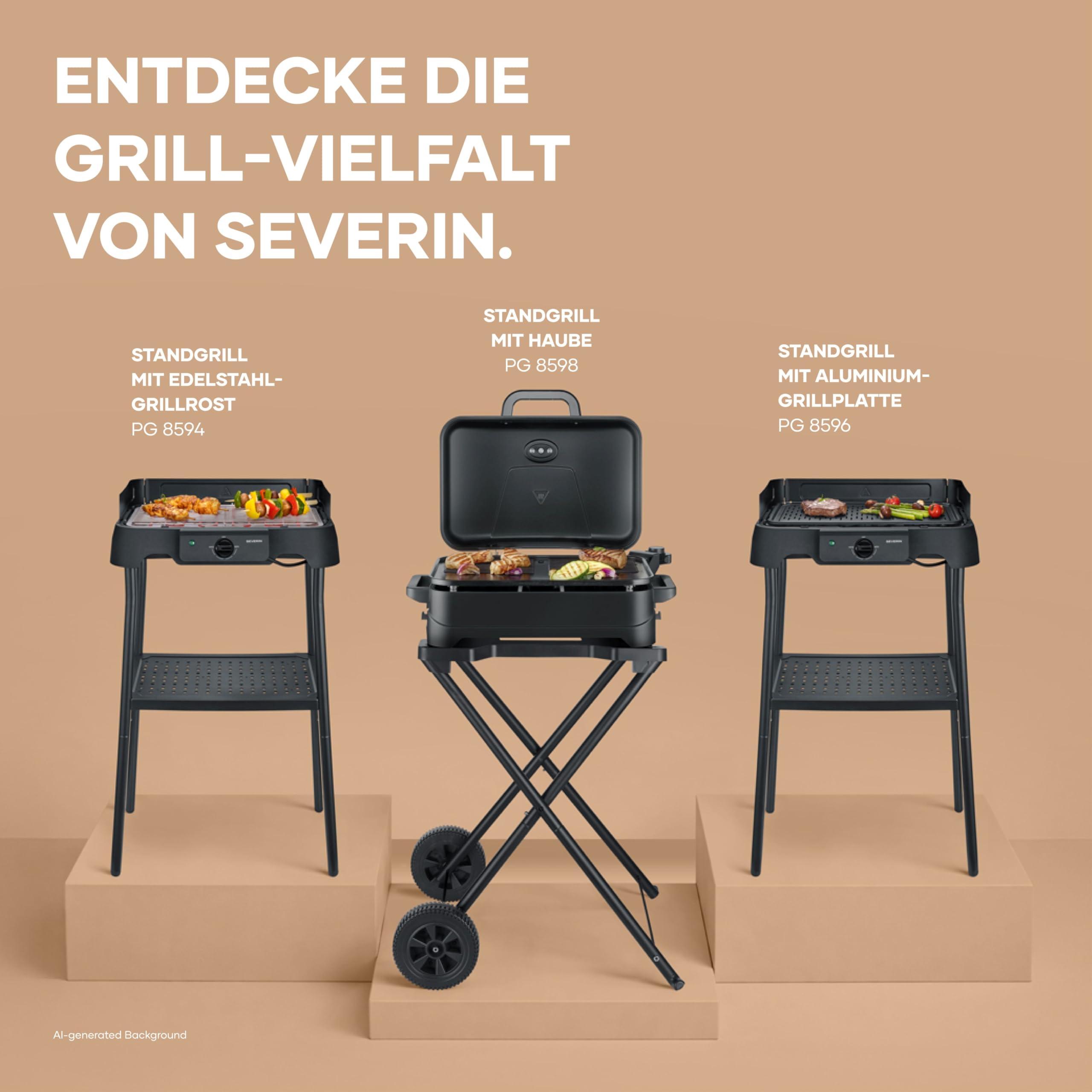 Severin Stand- und Tischgrill, Elektro-Grill für Balkon, 2300W, 10 Min. Aufheizzeit, Keramik-Beschichtung, max. 230°C, mit Deckel, Standgestell, Thermometer, 45x30cm Grillfläche, matt-schwarz, PG 8598