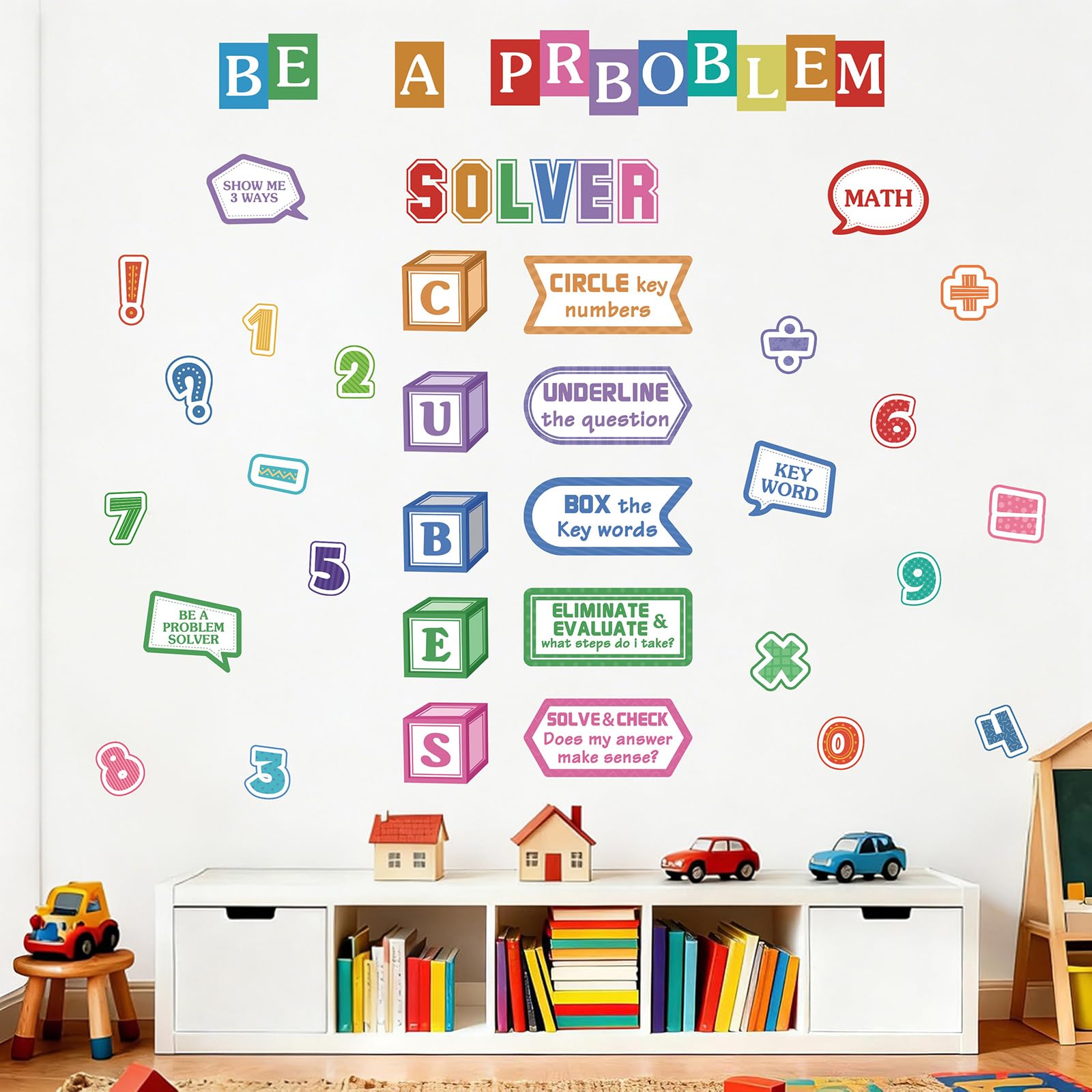 CHDITB Problem Solver Wall Stickers Colorful Educational Math Cubes Symbol Wall Decals Be A Problem Solver Bulletin Board Decor for Elementary School Math Classroom Homeschool Learning Centers — image 1