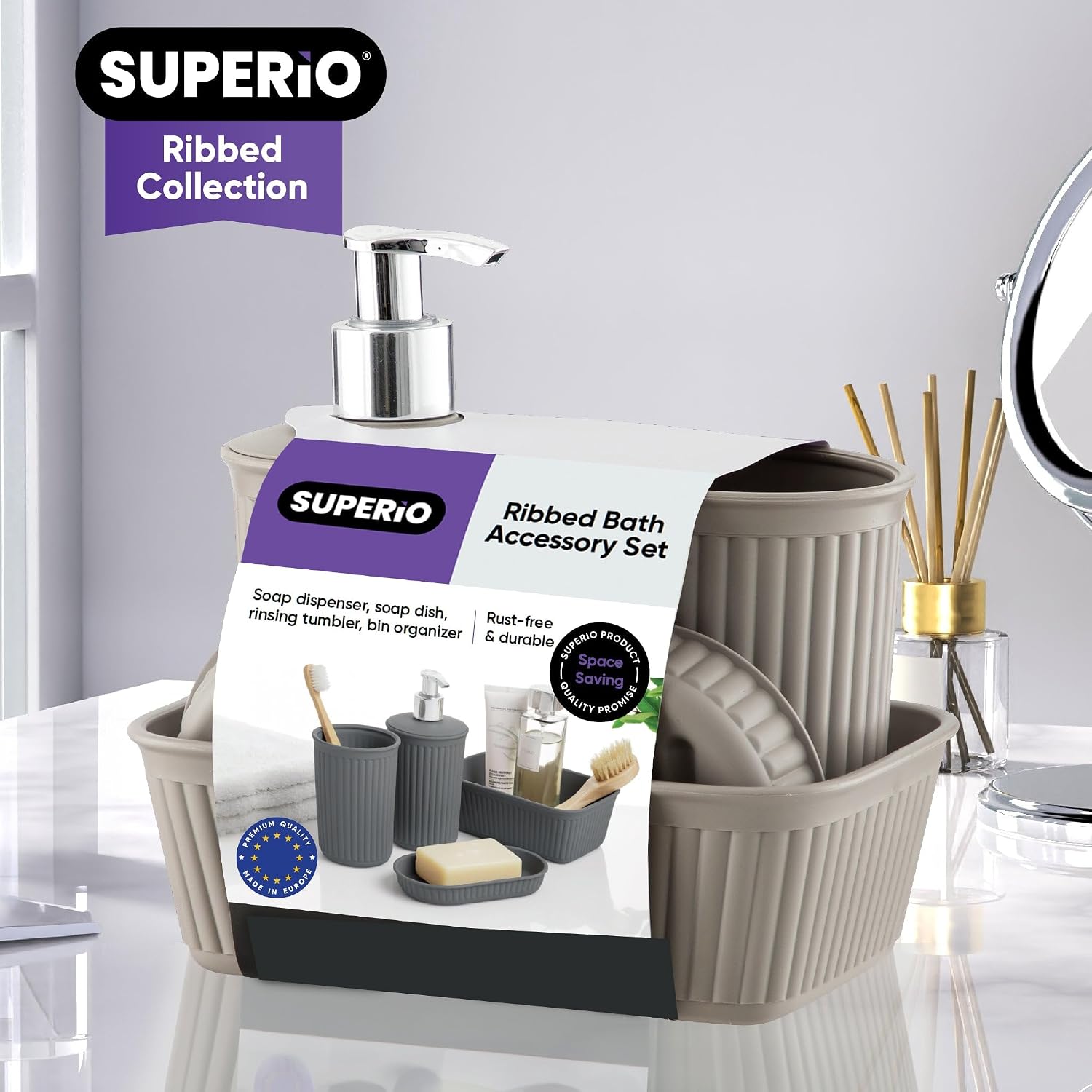 Superio Ribbed Collection - Decorative Plastic Bathroom Accessories Set, Taupe (Set of 4) Soap Dish, Liquid Dispenser, Toothbrush Holder Cup, Vanity Organizer Tray Bathroom Countertop Decor Gift