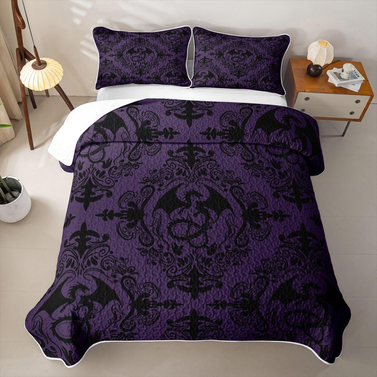 Feelyou Damask Quilt Set for All Season Black Dragon Bedspread Queen Size for Kids Boys Girls Jacquard Decor Quilted Bedding with 2 Pillowcases Vintage Damask Floral Coverlet Set Soft