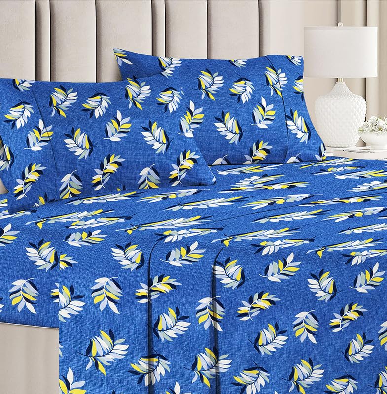 Image of BSB HOME 100% Cotton Double Bed Bedsheet Set | 144 TC Soft & Breathable | Blue White Leaf Print with 2 Pillow Covers | Wrinkle Free | for Bedroom & Gifting (90 x 90 Inches)