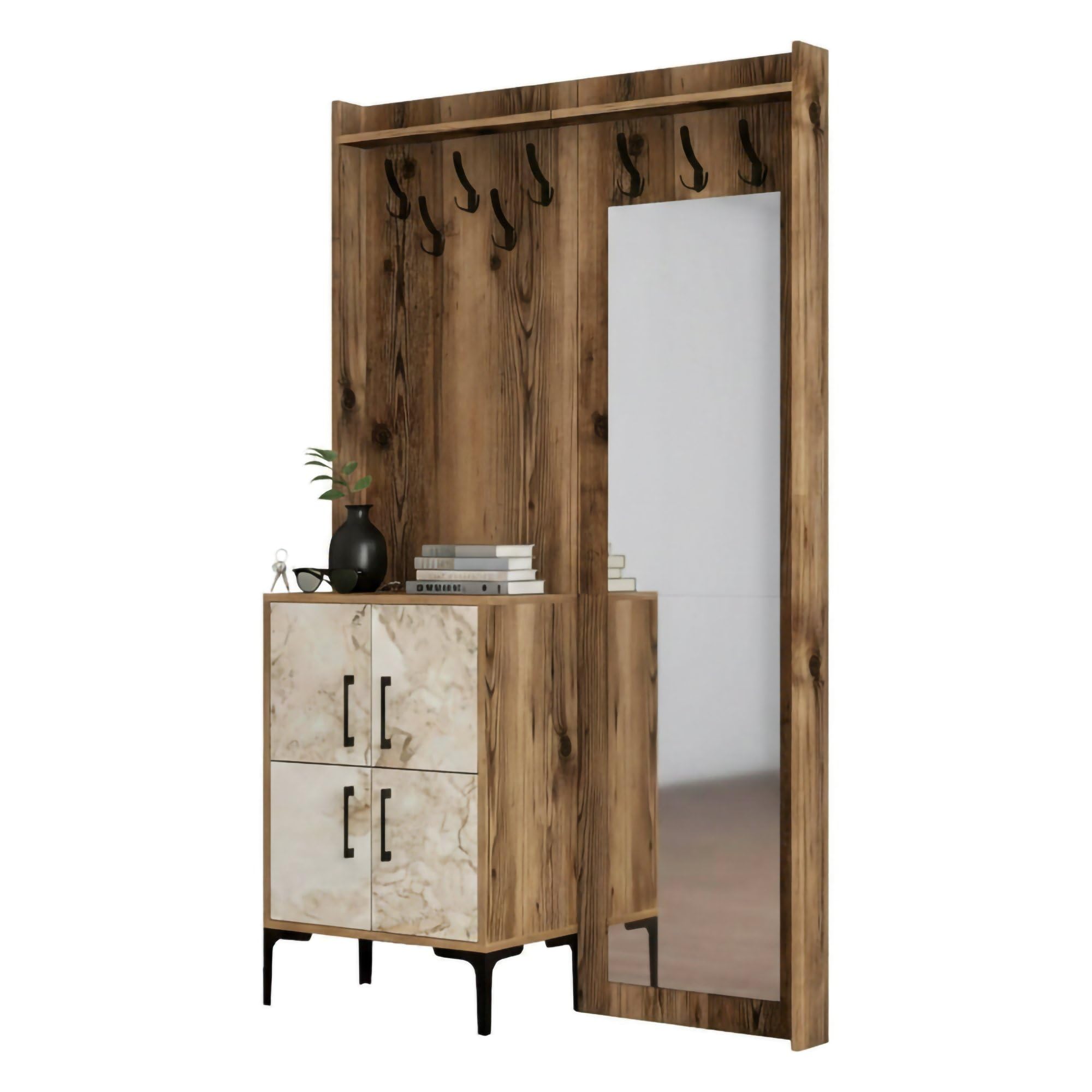 Dmora - Mobile da ingresso Pollux, Entratina appendiabiti, Composizione per atrio, Consolle portaoggetti multifunzione, 120x35h200 cm, Noce e Bianco