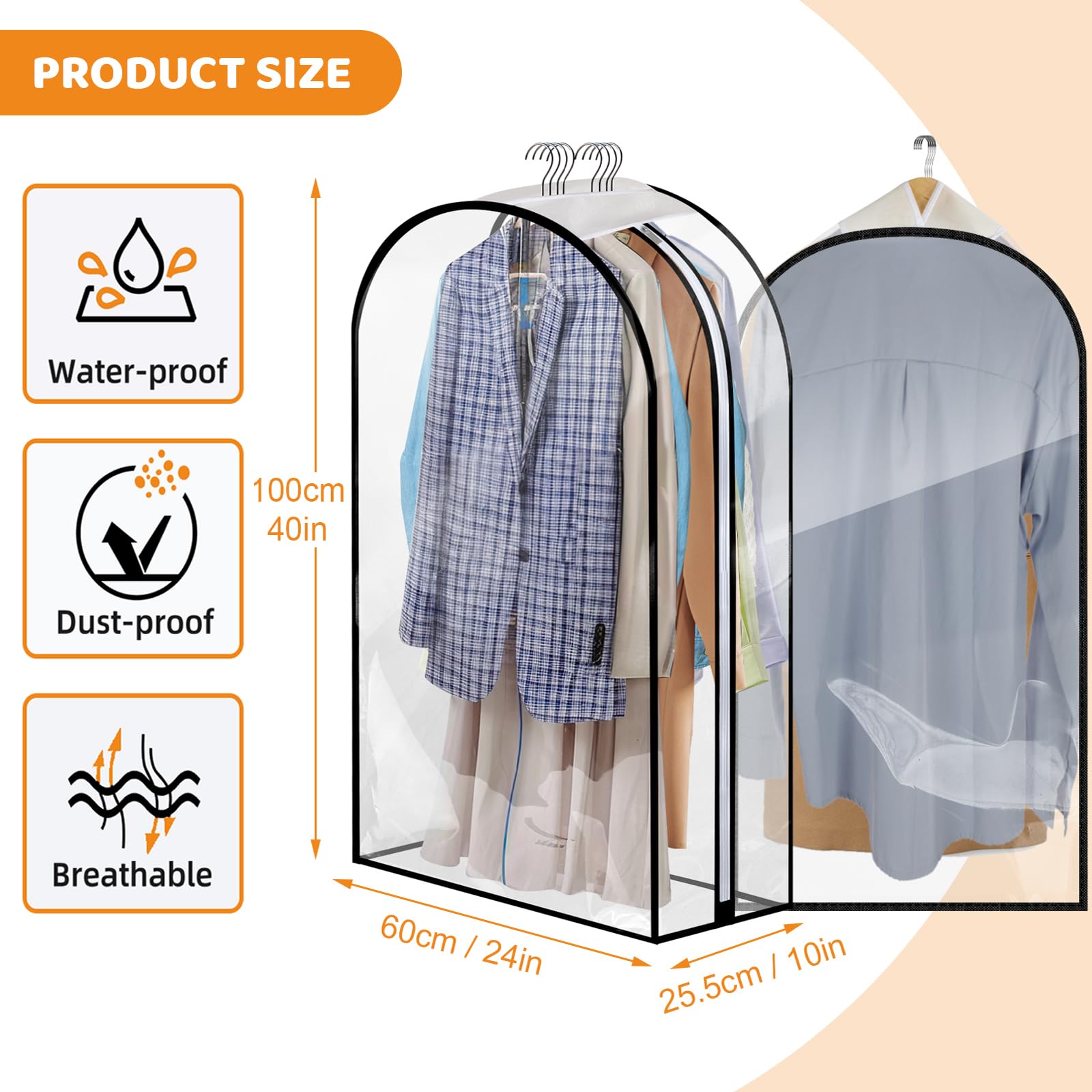4 Pack Full Clear Garment Bags, 40" Clothes Covers with 10" Gusseted, Transparent Bags for Hanging Clothes Suit Bags - Image 2