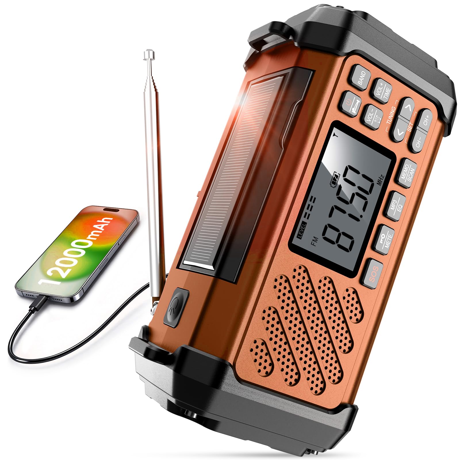 Vikeri kurbelradio 12000mAh, Notfallradio mit Kurbel und Solar, Verfügt über SOS Alarm und Uhr/Weckerfunktionen, Hochauflösendem Display, mit LED Doppellichtquelle, für Wandern, Camping（Rot）