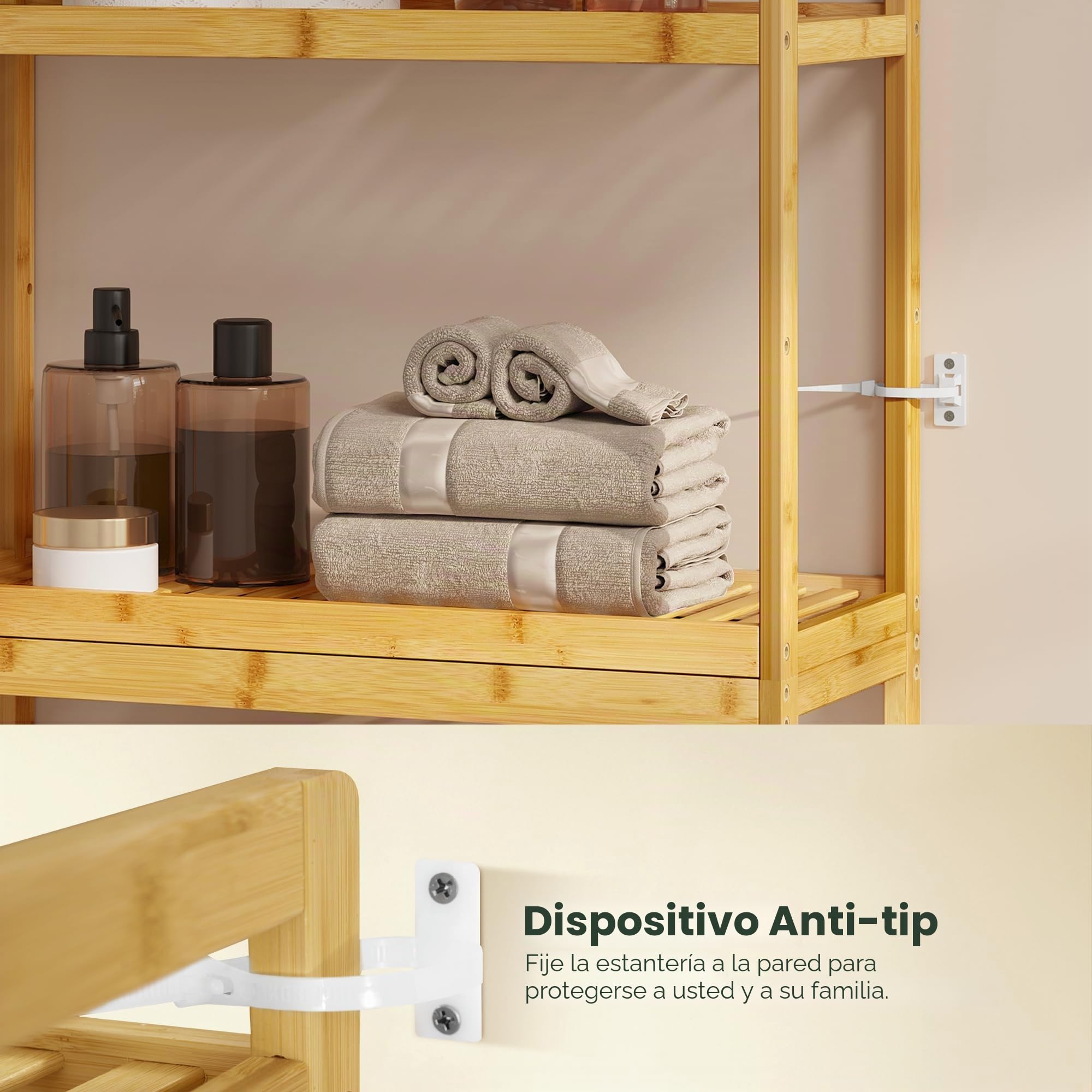 EUGAD Estantería Baño Bambú con 3 Estantes, Estantería Alta Encima WC, Mueble Baño sobre Lavadora con Rejillas Transpirables, 63,5x26x163 cm, Color Bambú Natural