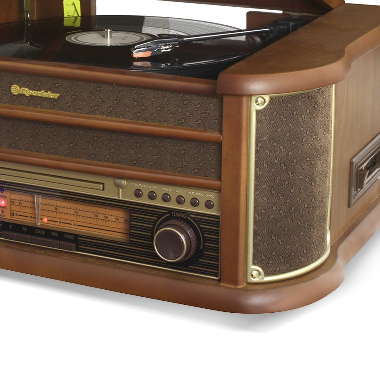 Platine Vinyle Roadstar HIF-1993BT 33-45-78 TRS, 2 Enceintes 32W PMPO, CD, Cassette, USB, Bluetooth, FM AM Radio, Finition Bois
