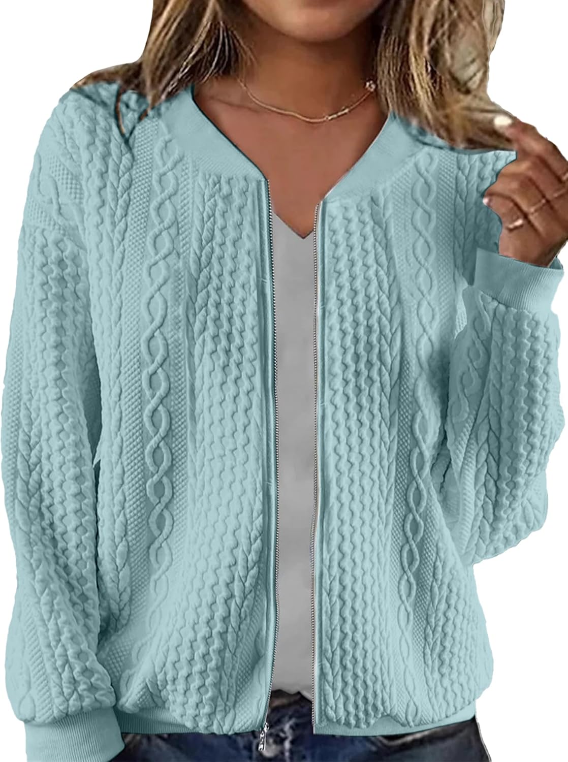 Women's Zip Up Cardigan Sweater Cable Hoodies Long Sleeve Jacket Outfits Crewneck Casual Coat