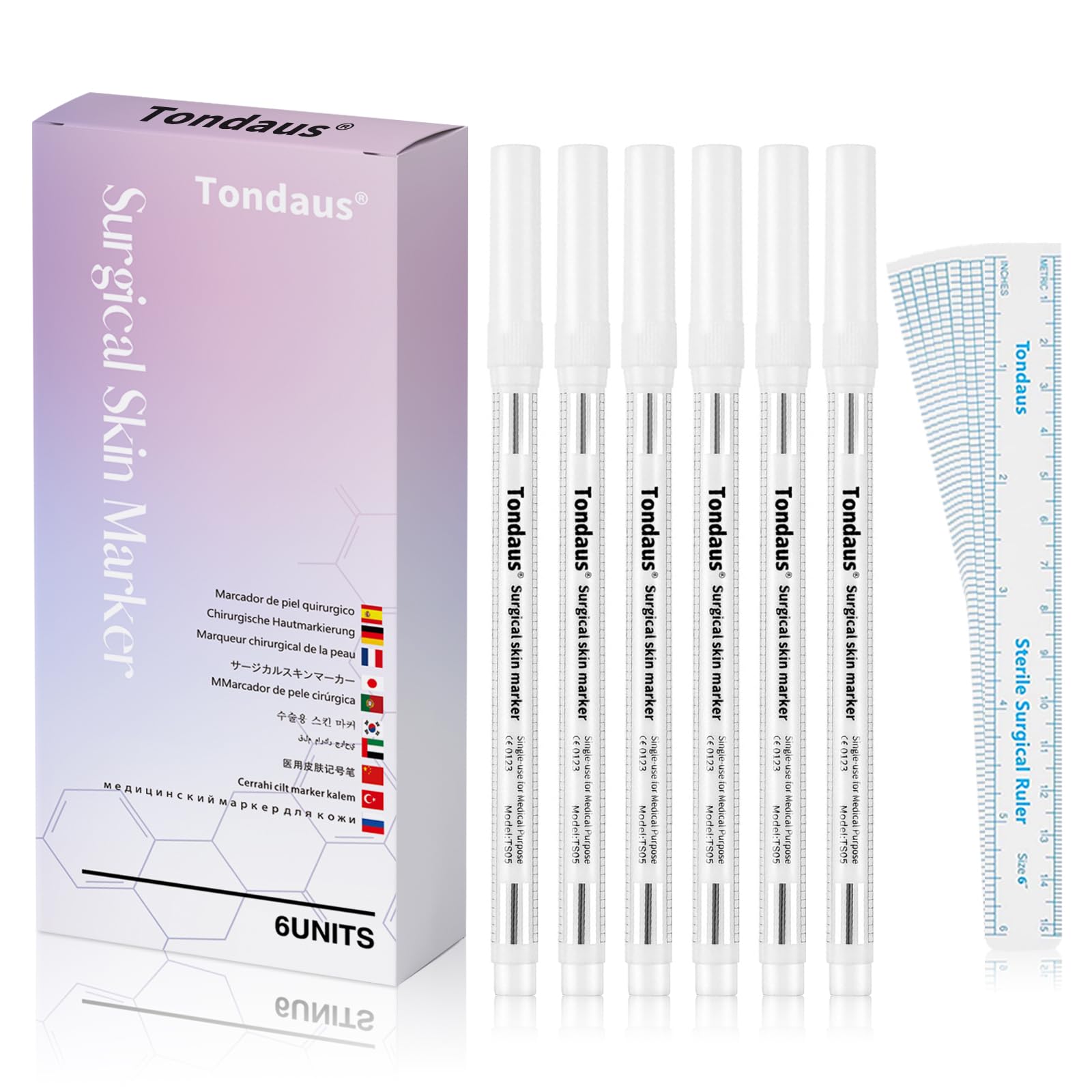 TONDAUS6Pcs Professional Surgical Tip Skin Marker Pen White Stencil Markers  Pen with Paper Ruler for Eyebrow, Tattoo Skin Marking Individually Wrapped