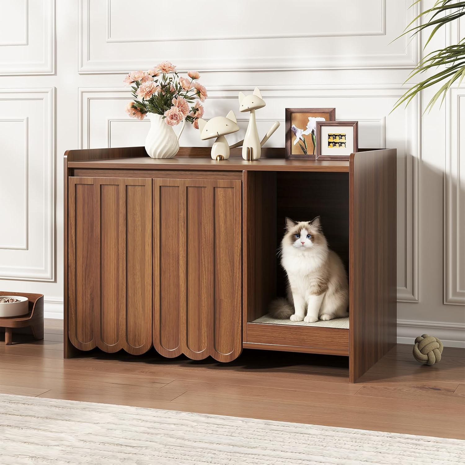 Cat Litter Box Enclosure with Scratch Pad, Hidden Litter Box with Soft-Close Hinges, Modern Fluted Cat Litter Box Furniture, Dog Proof Litter Box Cabinet, Side Table, Walnut