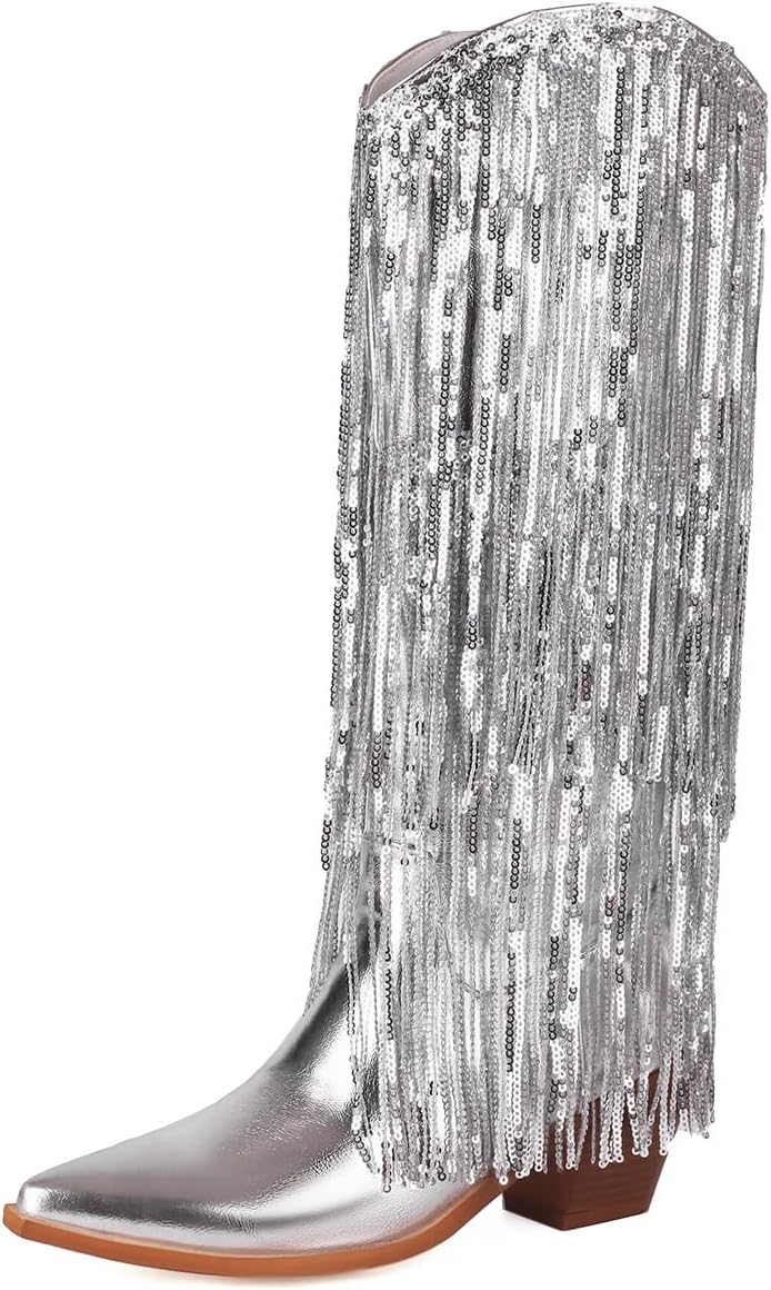 Roimaash Fashion Fringe Cowboy Boots Ankle High for Women