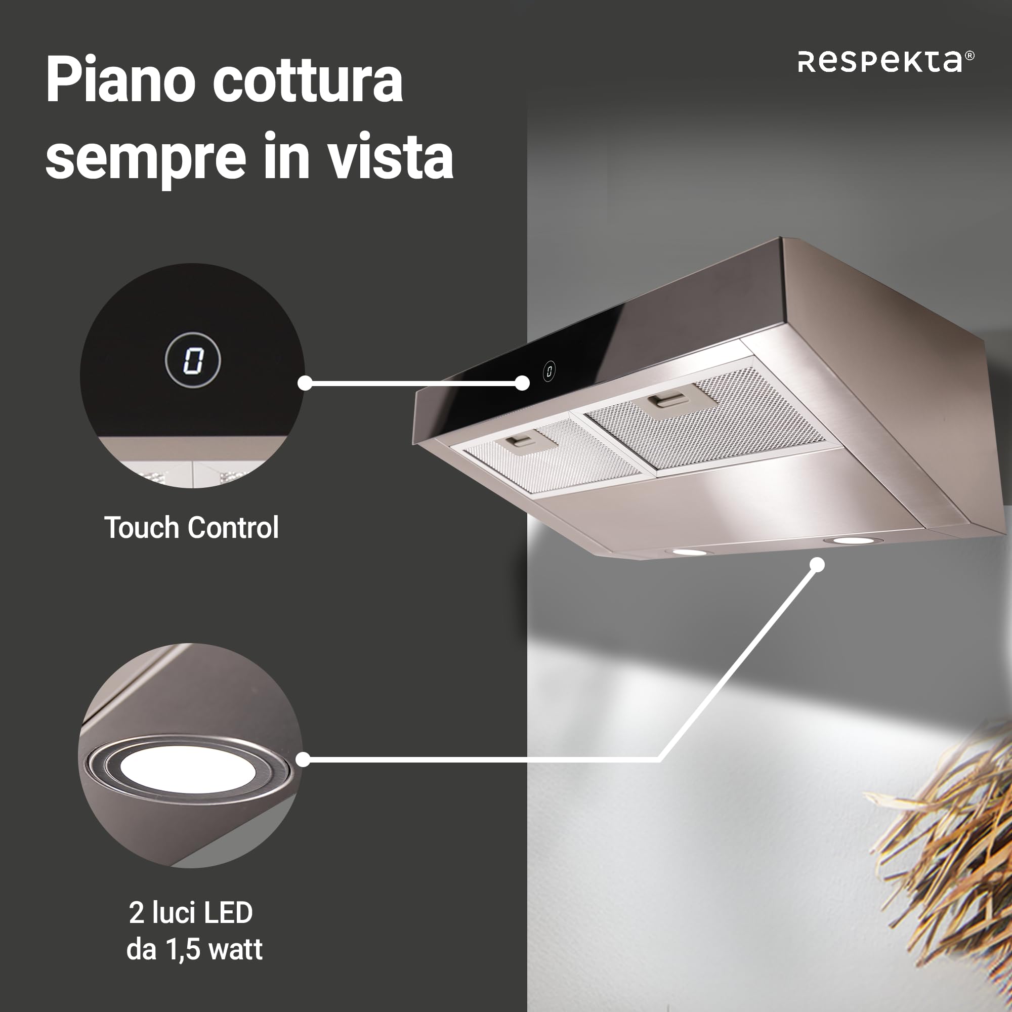 Respekta Sanja Cappa aspirante da incasso/cappa aspirante da incasso 60 cm/struttura in metallo in acciaio inox/funzione di ricircolo / CH12060 IX-21 / A+ / 55 – 64 dB