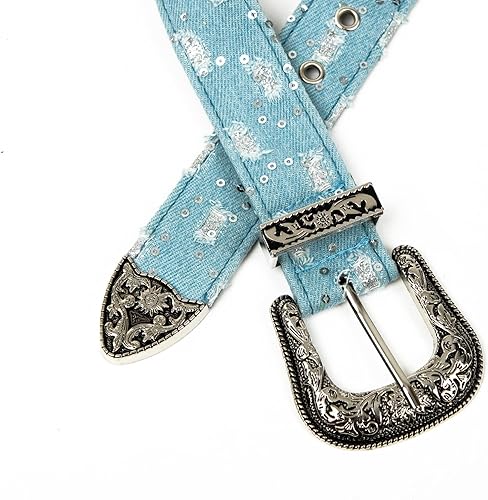 Miniatura 7 de ILuvatar Cinturón de mezclilla para mujer, correa de cintura azul para pantalones de vestir, cinturón de mezclilla