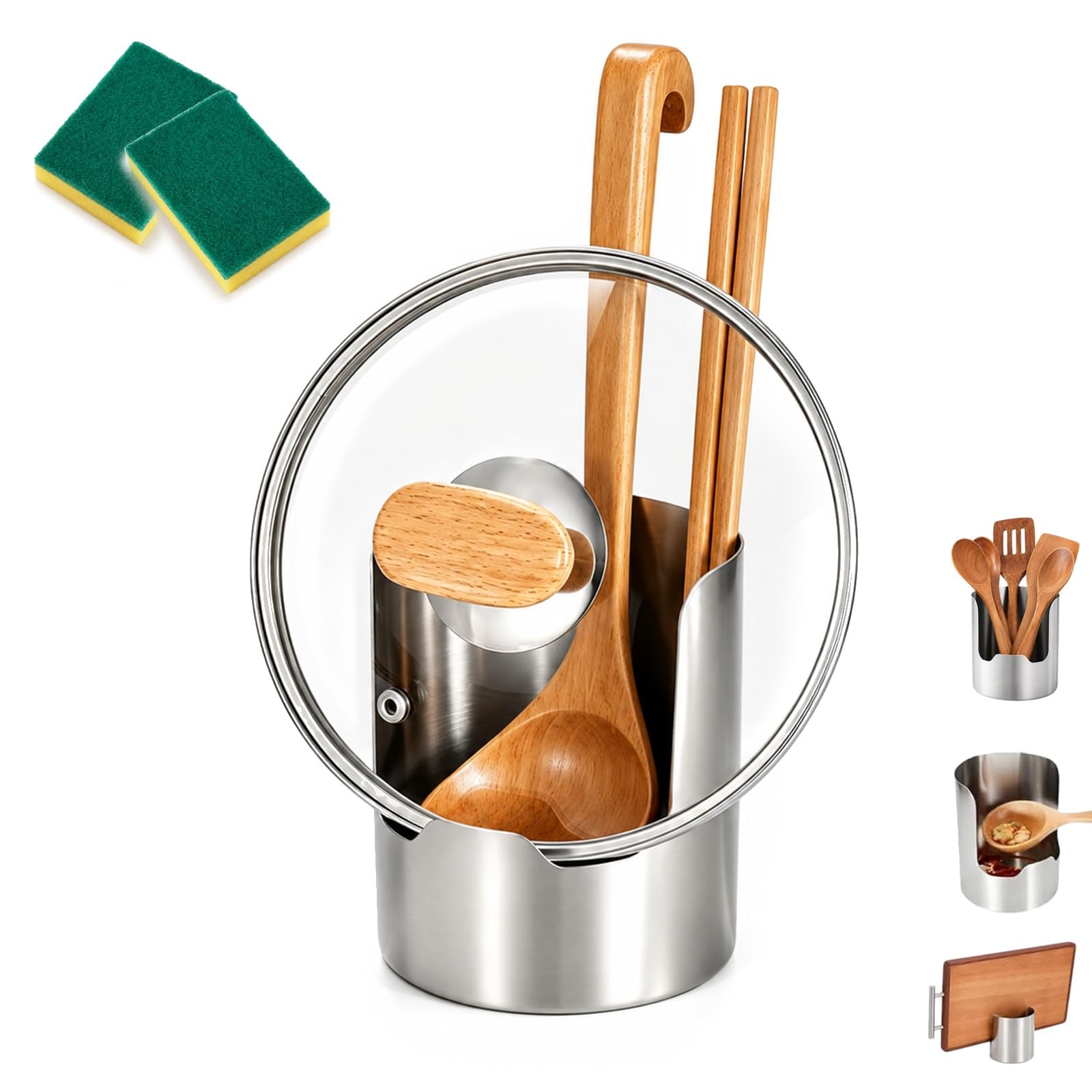 ZQMVXR Multi-Functional Kitchen Utensil Holder, Stainless Steel Pot Lid Organizer And Spoon Rest, Vertical Ladle Spatula Storage Rack For Countertop(1pc)