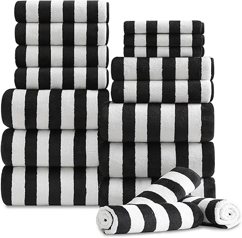 Juego de 18 toallas familiares a rayas blancas y negras, 6 toallas de baño, 6 toallas de mano, 6 toallas de baño suaves jumbo, toallas de baño Negro