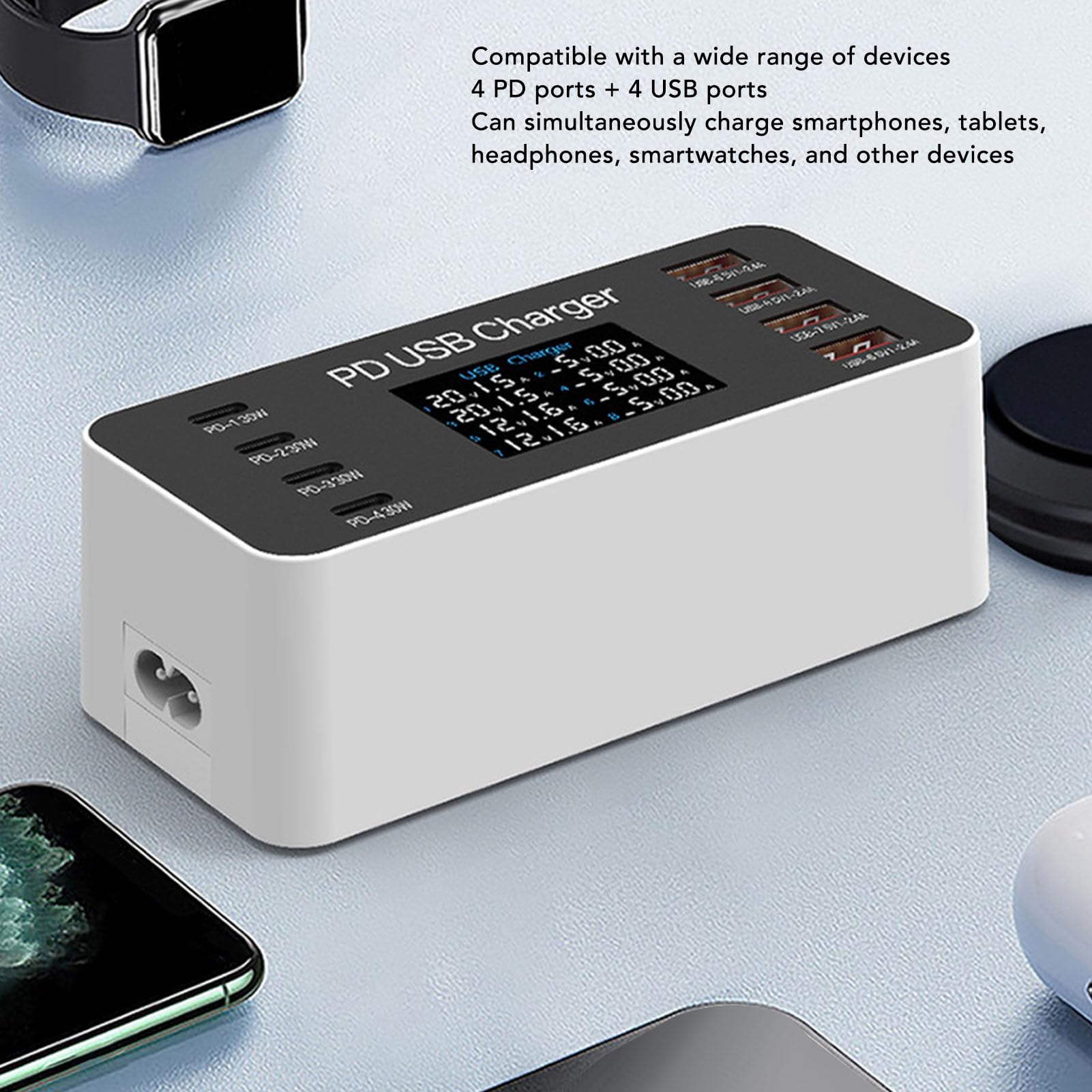 VBESTLIFE Stazione di Ricarica USB a 8 Porte, Caricabatterie Multiporta | 4 Prese USB A, 4 Prese USB C, Ricarica Rapida PD da 30 W, Display LCD, Distribuzione Intelligente 'energia, Ignifugo