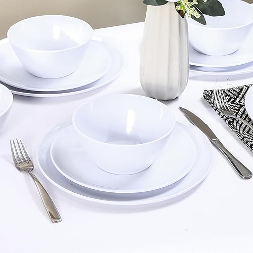 Miniatura 12 de Juego de vajilla de melamina – Juego de 12 platos y cuencos para 4, uso en interiores y exteriores, apto para lavavajillas, ligero, color blanco 12