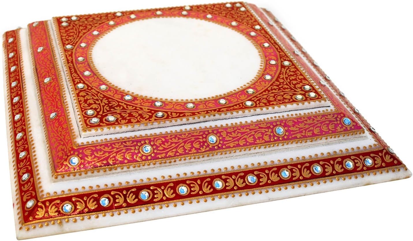 Handicrafts Paradise Marble Decorative Step Chowki with Kundans