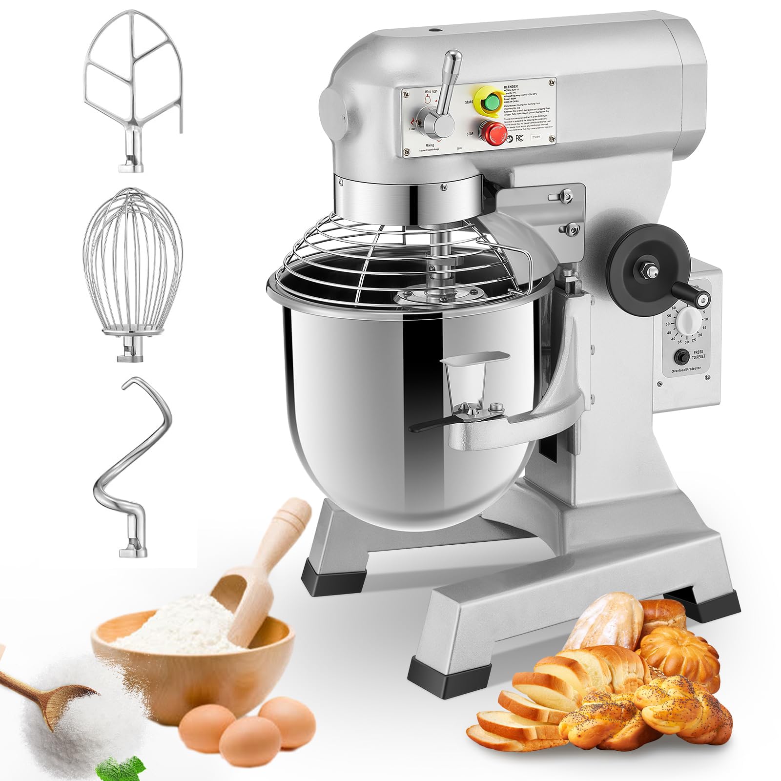 Mixer per Alimenti Commerciali,Miscelatore da Forno da 15 Litri, Miscelatore a Pasta da 600 W con Ciotola in Acciaio Inossidabile,3 velocità Regolabili,battitore di Frusta per Gancio di Pasta Incluso