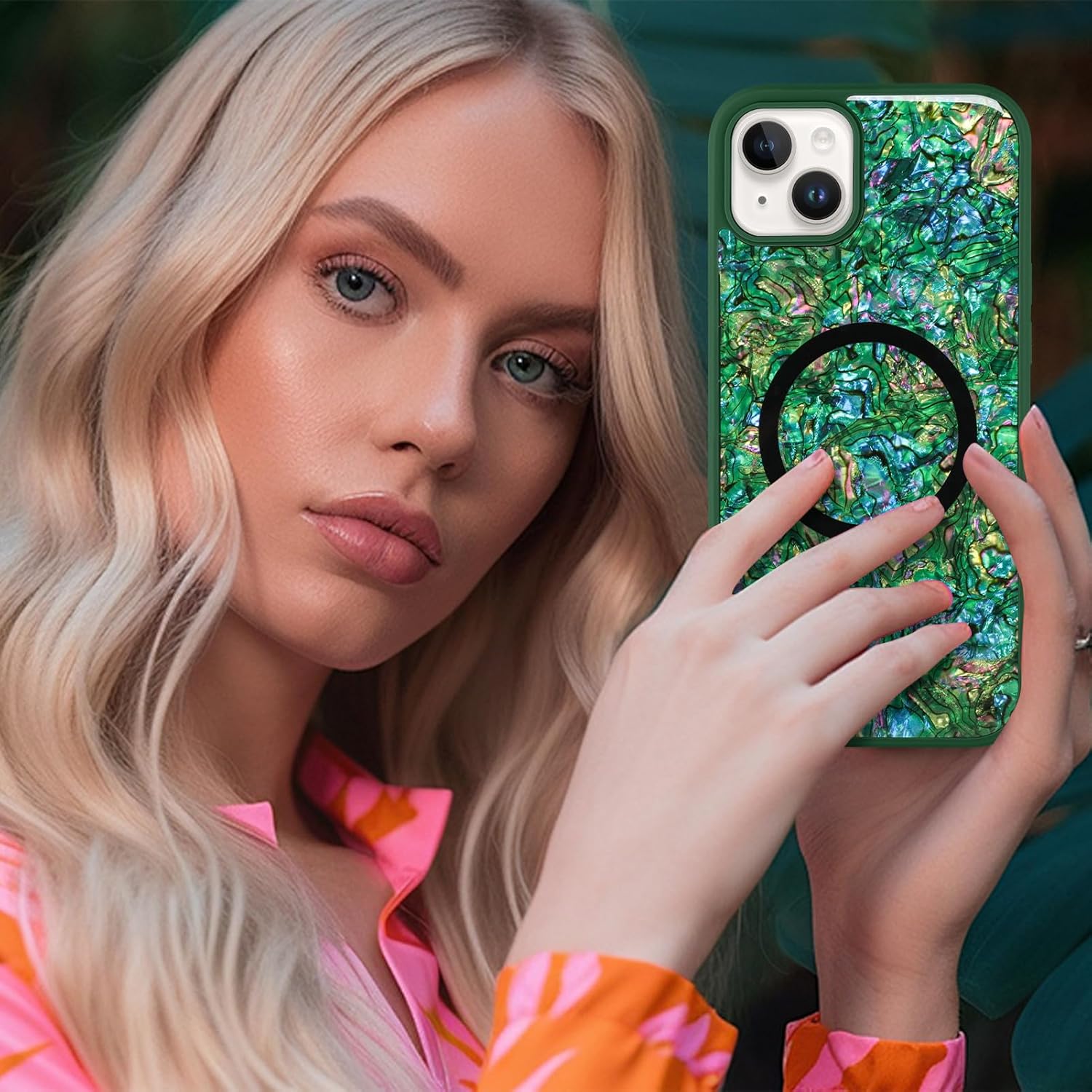 Magnetic for iPhone 15 Case, Luxury Colorful Abalone Shell Phone Case for Women Men, Compatible with MagSafe, Cute Sparkle Glossy Shockproof Protective Cover, Emerald Green