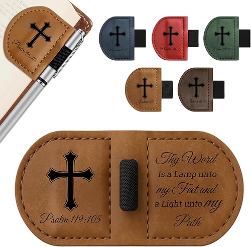 Bygone Mark - Marcapáginas de cuero personalizado con soporte para bolígrafo, diseño de versículo magnético de la Biblia, regalos inspiradores para