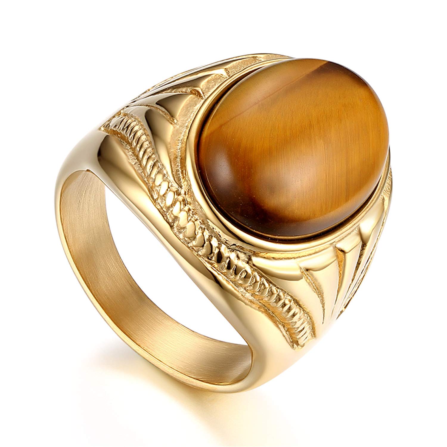 Flongo Anillo de Sello de Piedra Marrón, Anillo de Hombre Acero Inoxidable Piedra Ojo de Tigre, Grande Anillo Dorado de Compromiso, Regalo Original para Hombre Talla 30