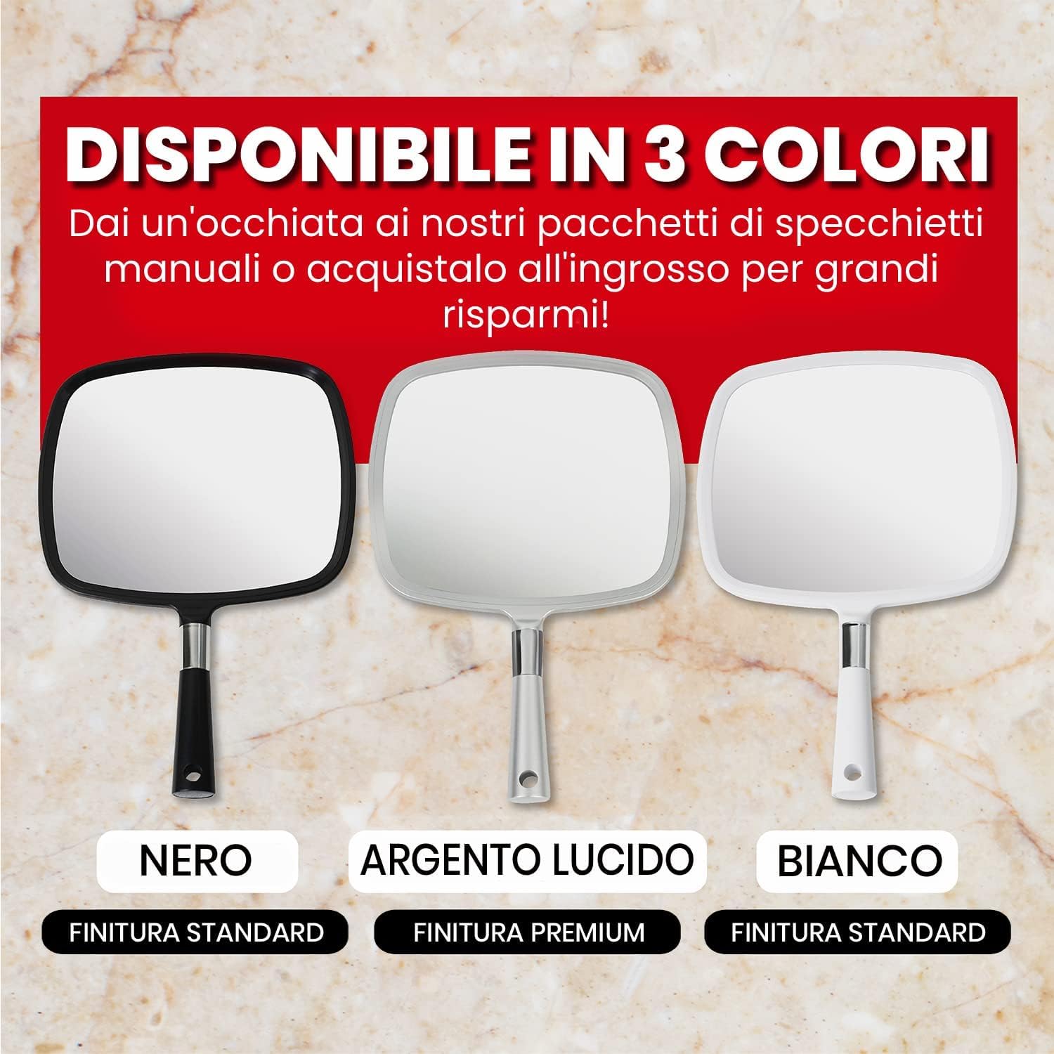 Mirrorvana Specchio a mano portatile grande per trucco con manico ergonomico - specchio cosmetico argento