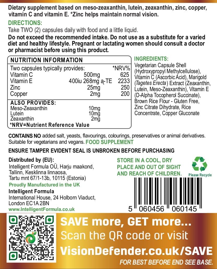 Vision Defender A.M.D. Plus & BP Eye Care Bundle – Advanced Eye Supplements with AREDS2 (Lutein, Zeaxanthin, Vitamin C & E, Copper, Zinc), Plus Meso-Zeaxanthin, Bilberry, Pine Bark. Made in UK