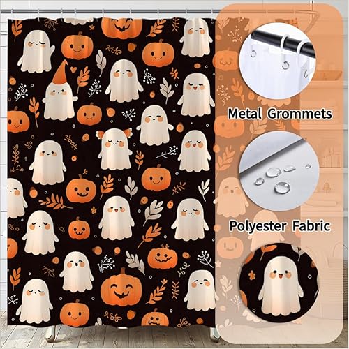 Miniatura 5 de Cortina de ducha de fantasma de Halloween, diseño de calabaza espeluznante, hojas retro, divertida tela de dibujos animados para decoración de baño,