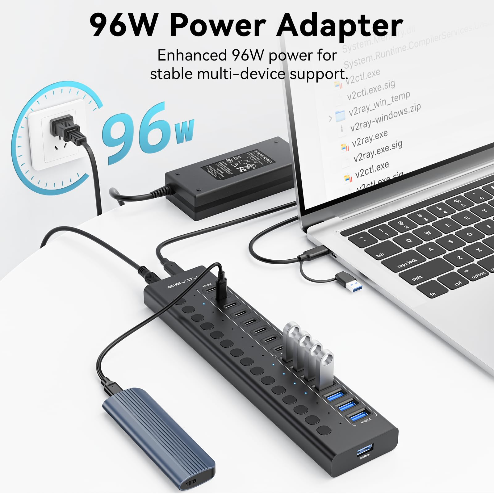 ACASIS Hub USB C 3.2 Alimentato 16 Porte 10Gbps 8 USB-A + 8 USB-C,96W | Alimentatore, Interruttori Individuali, Alluminio, per PC/Mac/Linux/Android, Disco Esterno e Chiavetta