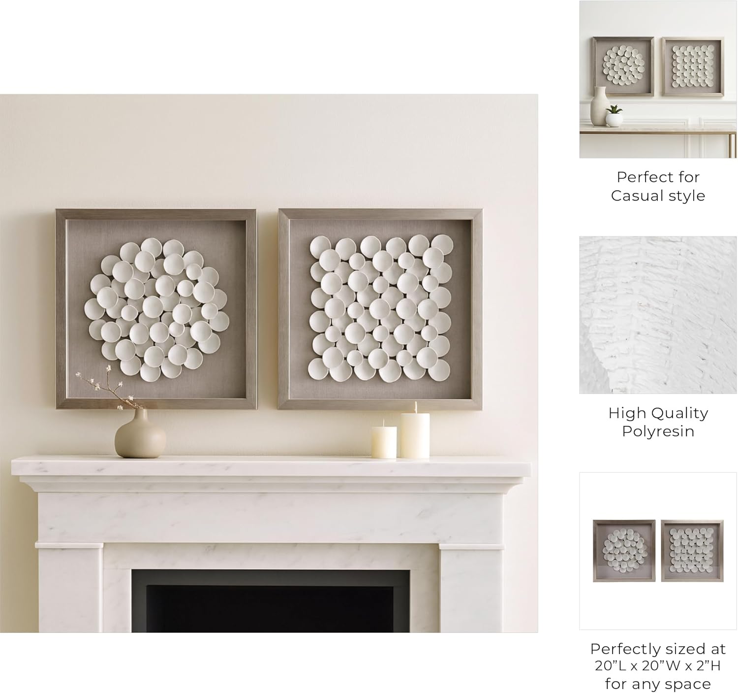 Home Decor Wall Art for Living Room – Modern Polyresin Petal Shadow Box with Wood Base Perfect as Canvas or Framed Wall Art – Perfect for Dining Room Hanging Wall Decor Set of 2 – 20" White & Brown