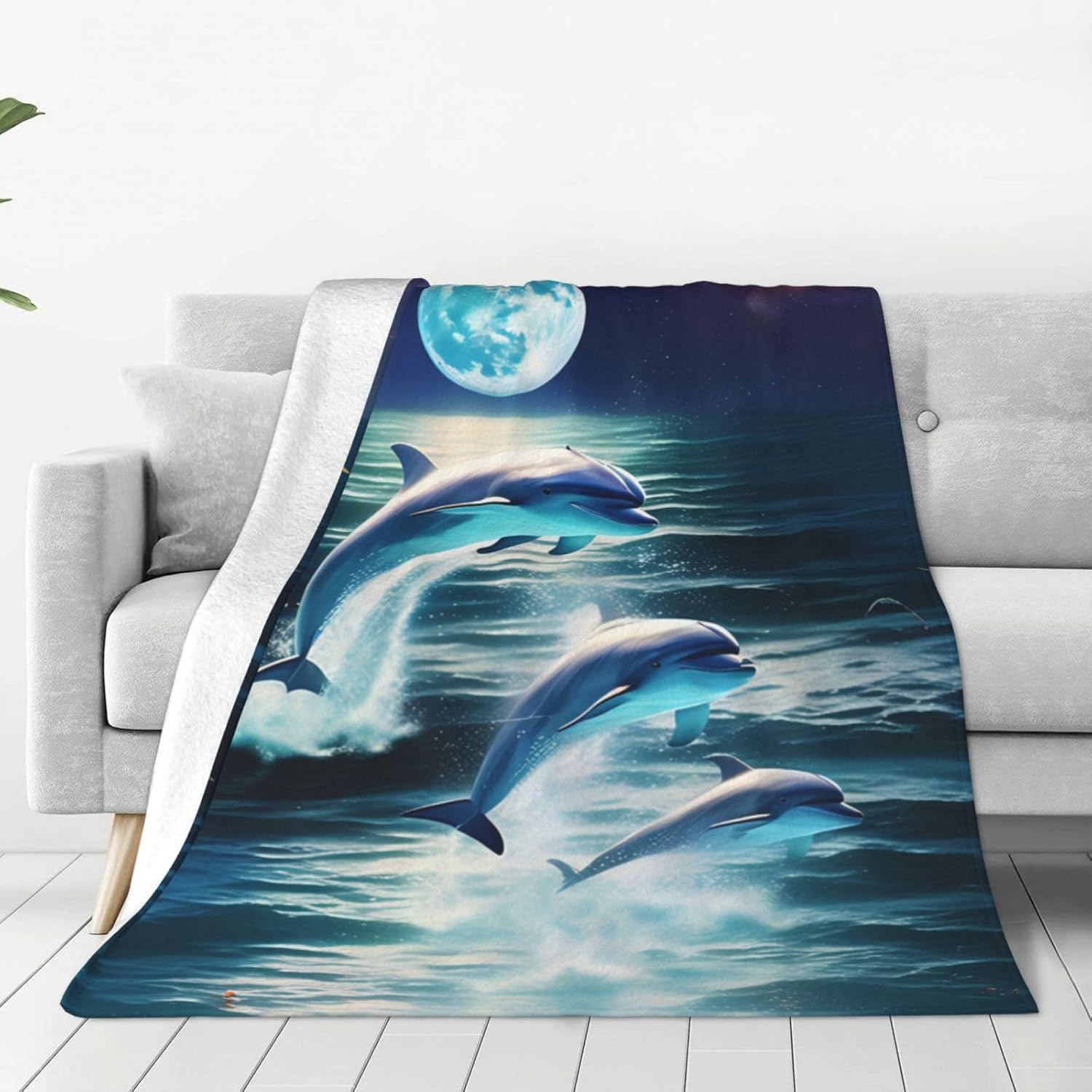 Dolphin Blanket for Kids Women Adults Dolphin Blanket Gifts 60" x 50" Flannel Dolphin Moon Ocean Throw Blanket for Bed Living Room Sofa Couch Soft Warm Lightweight Cozy Dolphin Decor - Image 3