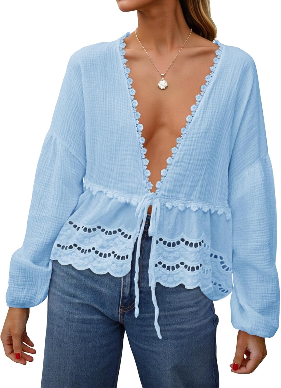 Tankaneo Womens Deep V Neck Tie Front Blouse Cotton Long Puff Sleeve Eyelet Tops Cute Lace Trim Flowy Ruffle Shirts Sky Blue