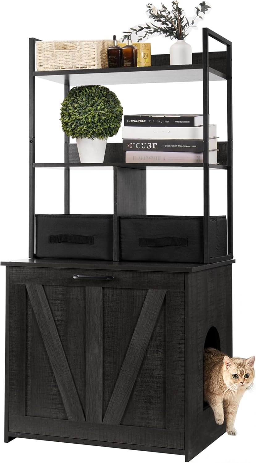 Dwanton Litter Box Enclosure with 2 Storage Shelves and 2 Drawers, 2-in-1 Hidden Cat Litter Box Enclosure Furniture with Shelf, Reversible Entrance, Washable Drawers, 50-Inch, Dark Grey