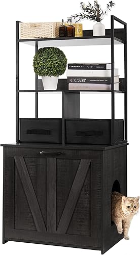 DWANTON Caja de arena con 2 estantes de almacenamiento y 2 cajones, caja de arena oculta 2 en 1 para gatos con estante, entrada reversible, cajones