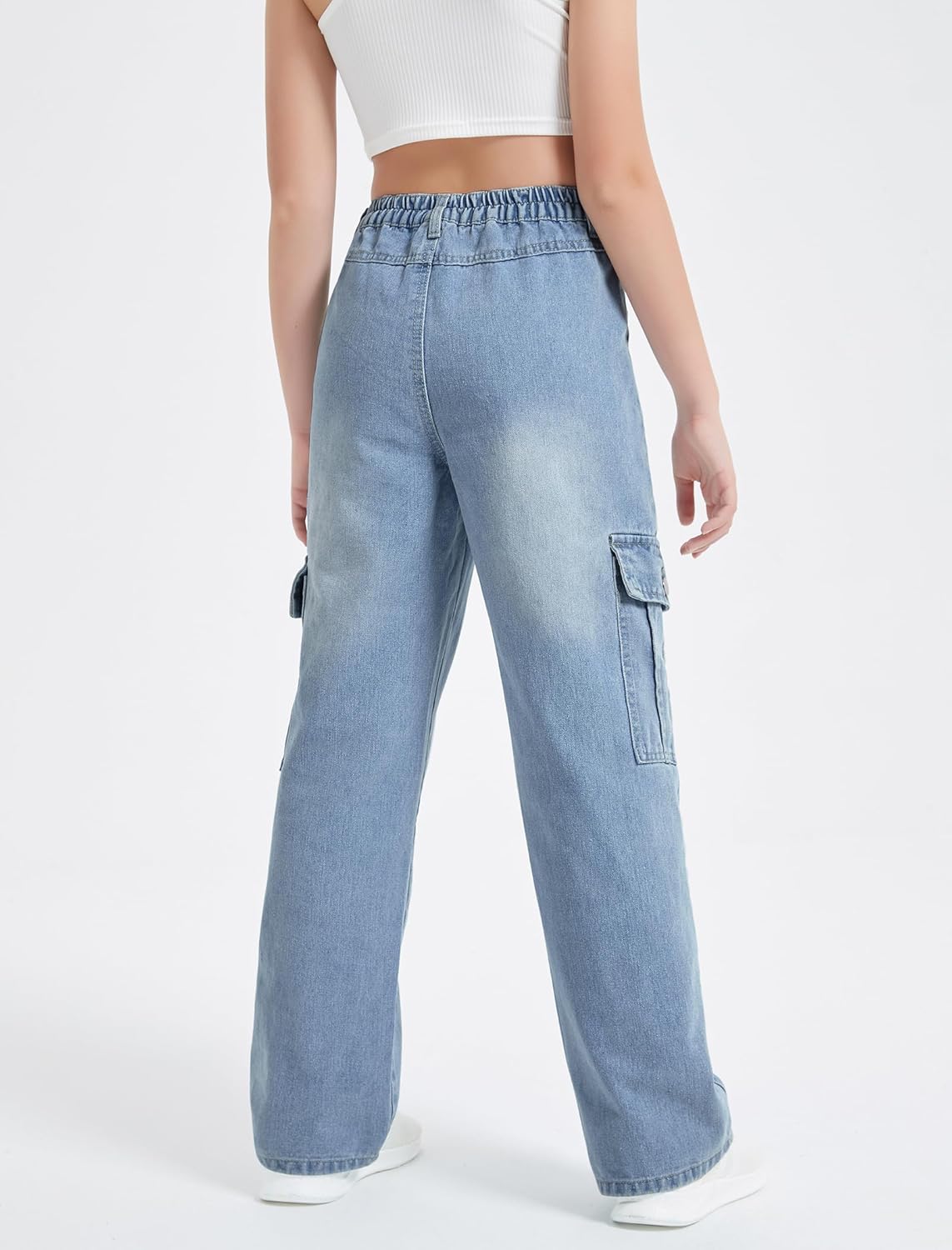 EXARUS Girls Jeans Cargo Wide Leg Baggy Denim Straight Loose Pants Tween Elastic High Waistband Pockets Youth Clothes - Image 5