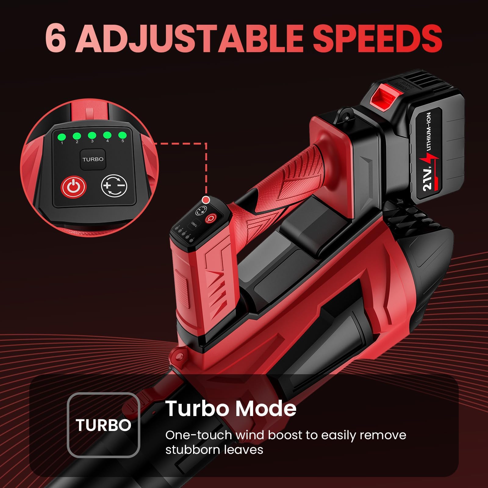 Soplador de Hojas a Batería 21V con 2X 4.5Ah Baterías, Motor sin Escobillas 360 km/h, 5 Velocidades y Modo Turbo, 3 Tubos, Correa, Soplador de Aire Potente para Jardín, Nieve, Polvo, Compatible 18V