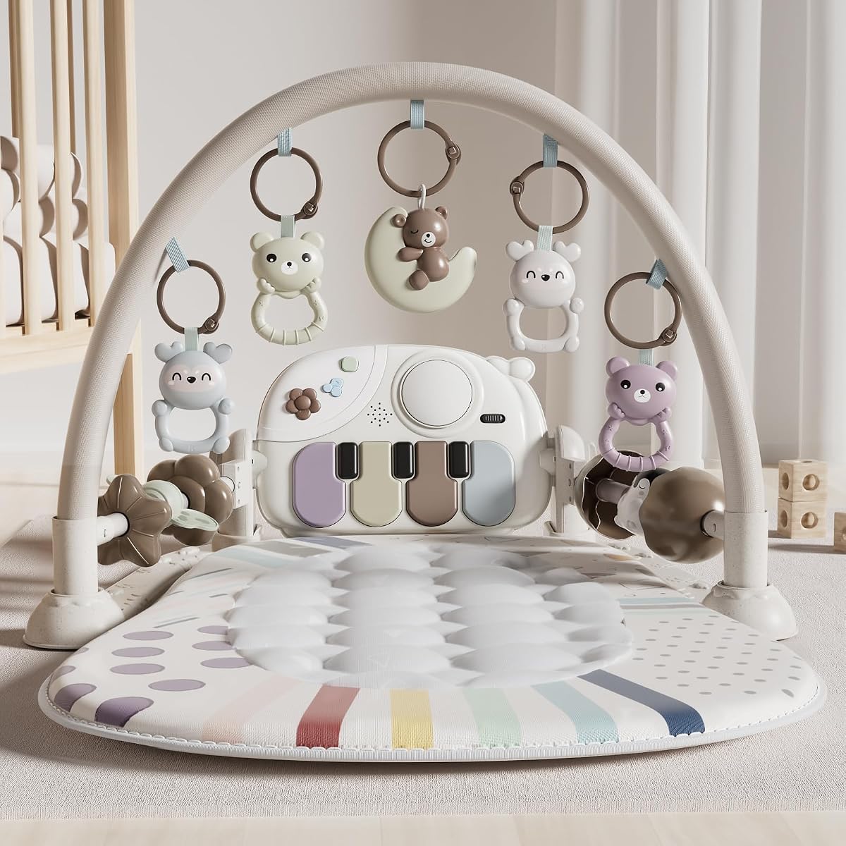Alfombra de juegos para bebés, juguetes para bebés con 5 juguetes sensoriales para bebés | Gimnasio para bebés, tapete de actividades para tocar el piano boca abajo con música y luz, regalos para recién nacidos para bebés de 0 a 3, 6 a 9, 11 y 12 meses.