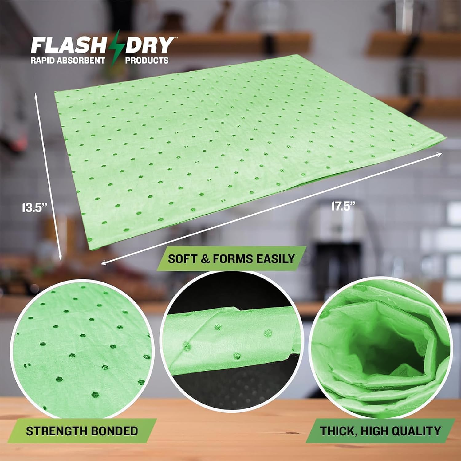 FlashDry Chemical Spill Absorbent Pads, 100 Pads, 17.5"x13.5" - Acid & Base Resistant, Durable, Fast-Wicking Liquid Cleanup for Labs, Chemical Workshops, Efficient Industrial Liquids Spill Control