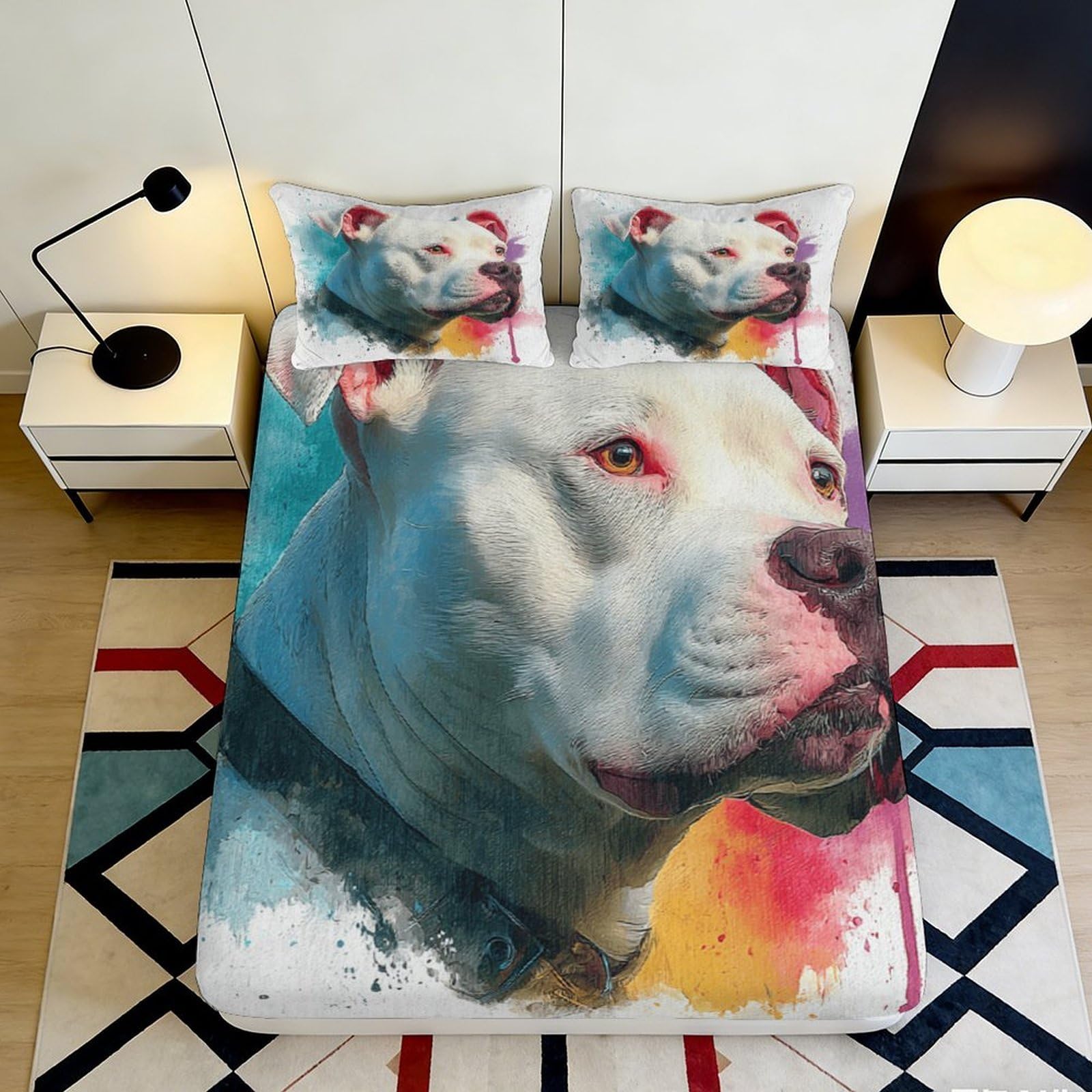 3D Printed White Dog Art Fitted Sheet Microfiber Soft Colour Splash Mattress Cover for Bedroom Guest Room Decor 90x200x25cm