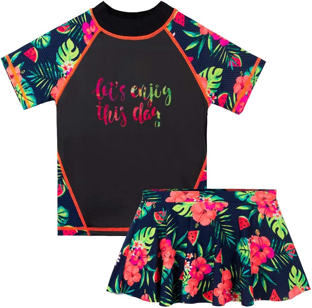 TFJH E Girls Swimsuit UPF 50+ UV Kids Two Piece Swimwear Sunsuit 2-12 Years Rashguard Skirt Dress
