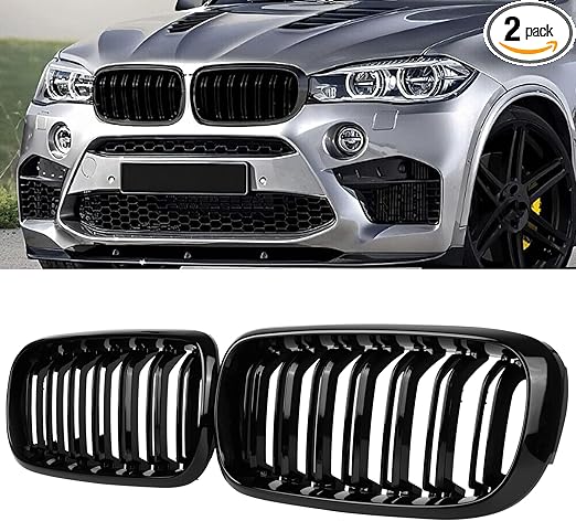F15 Grill, Front Kidney Grille for 2014-2018 X5 Series F15 2015-2019 X6 Series F16 X5M F85 X6M F86 (Double Slats Gloss Black Grills, 2pcs)