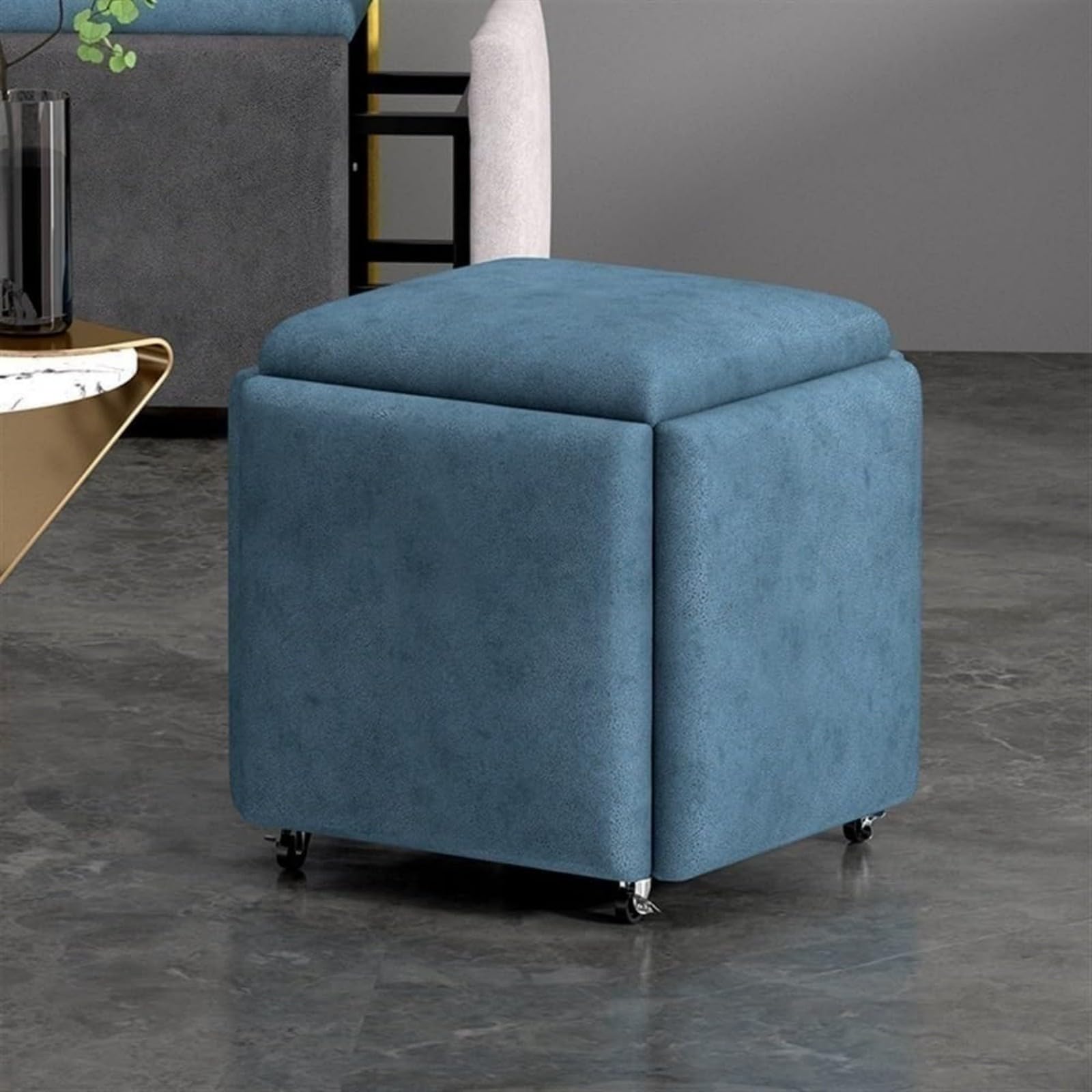 Tabouret ottoman de rangement cube repose-pieds rembourré à roulettes bleu
