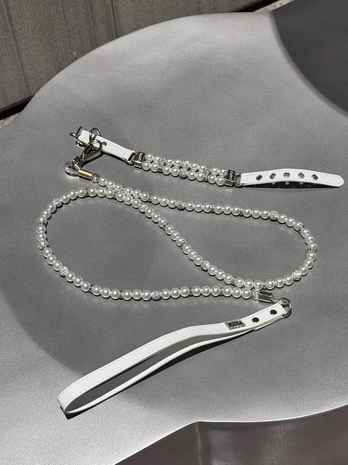 Luxury Pearl Dog Collar and Leash Set, Pink and White with Crystal Rhinestones, Double Row Pearl Design，Suitable for Kittens and Puppies (Pink, L)