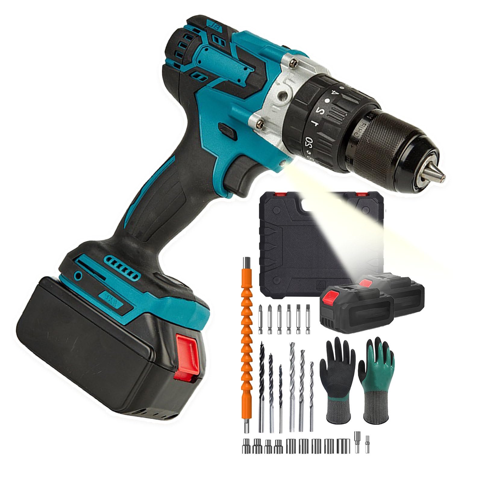 Taladro Atornillador Inalámbrico,Taladro Eléctrico Par 25+1,Luz Trabajo LED 2 Velocidades Variables,Batería 1500 mAh con Un Par De Guantes,Caja Herramientas