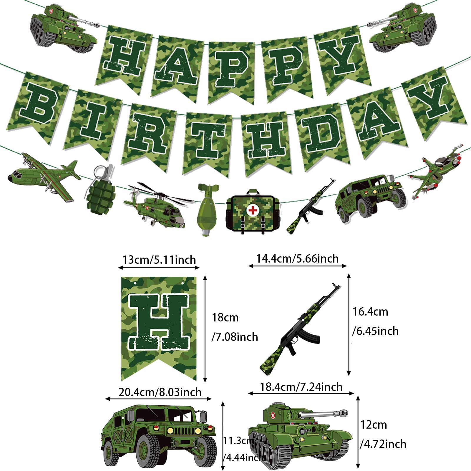 Zwiebeco Suministros de decoración de fiesta de cumpleaños, letrero de feliz cumpleaños de camuflaje verde, guirnalda de papel verde para niños, hombres, adultos, decoraciones de cumpleaños temáticas