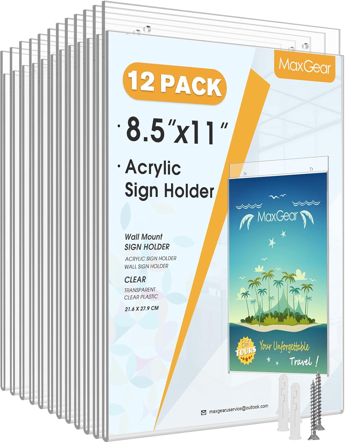 MaxGear 12-Pack 8.5x11 Vertical Wall Mount Sign Holders - Clear Acrylic Frames with Mounting Screws for Office, Store, Home